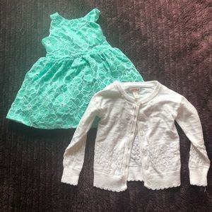 Teal dress and white sweater